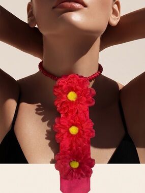 Red Floral Satin Necktie with Yellow Centers